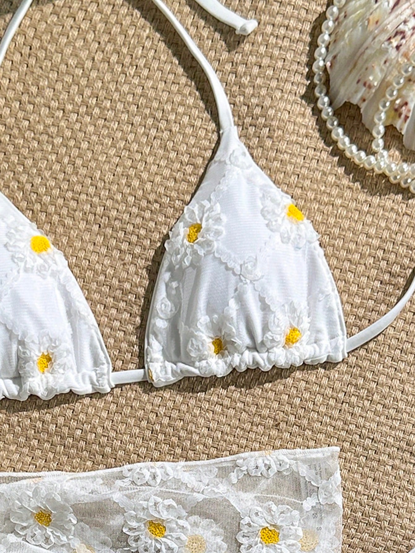 White Sequin Floral Bikini Set with Sarong Skirt