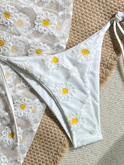 White Sequin Floral Bikini Set with Sarong Skirt