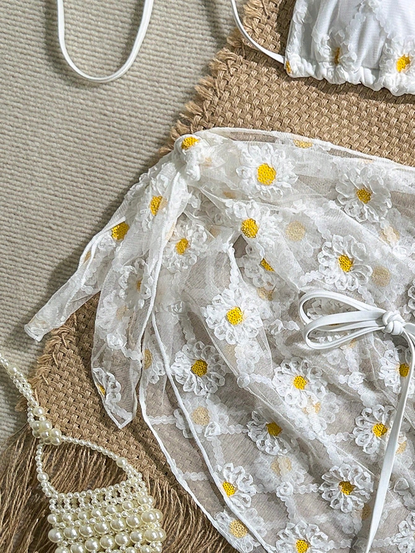 White Sequin Floral Bikini Set with Sarong Skirt