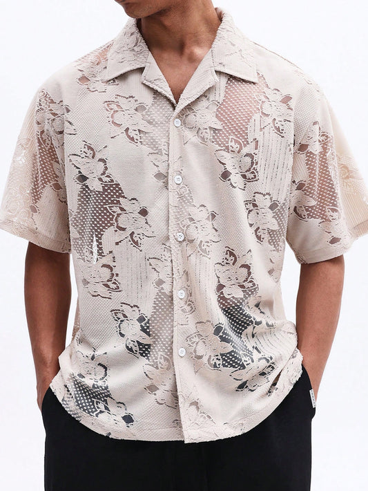 Men’s Vintage Lace Pattern Summer Resort Button-Up