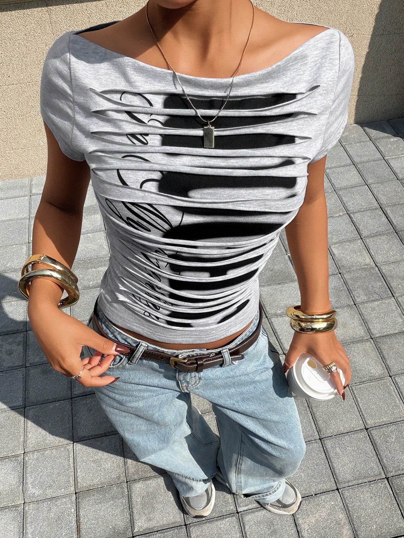 Women’s 2-In-1 Cut Out Letter Print Crop Tee