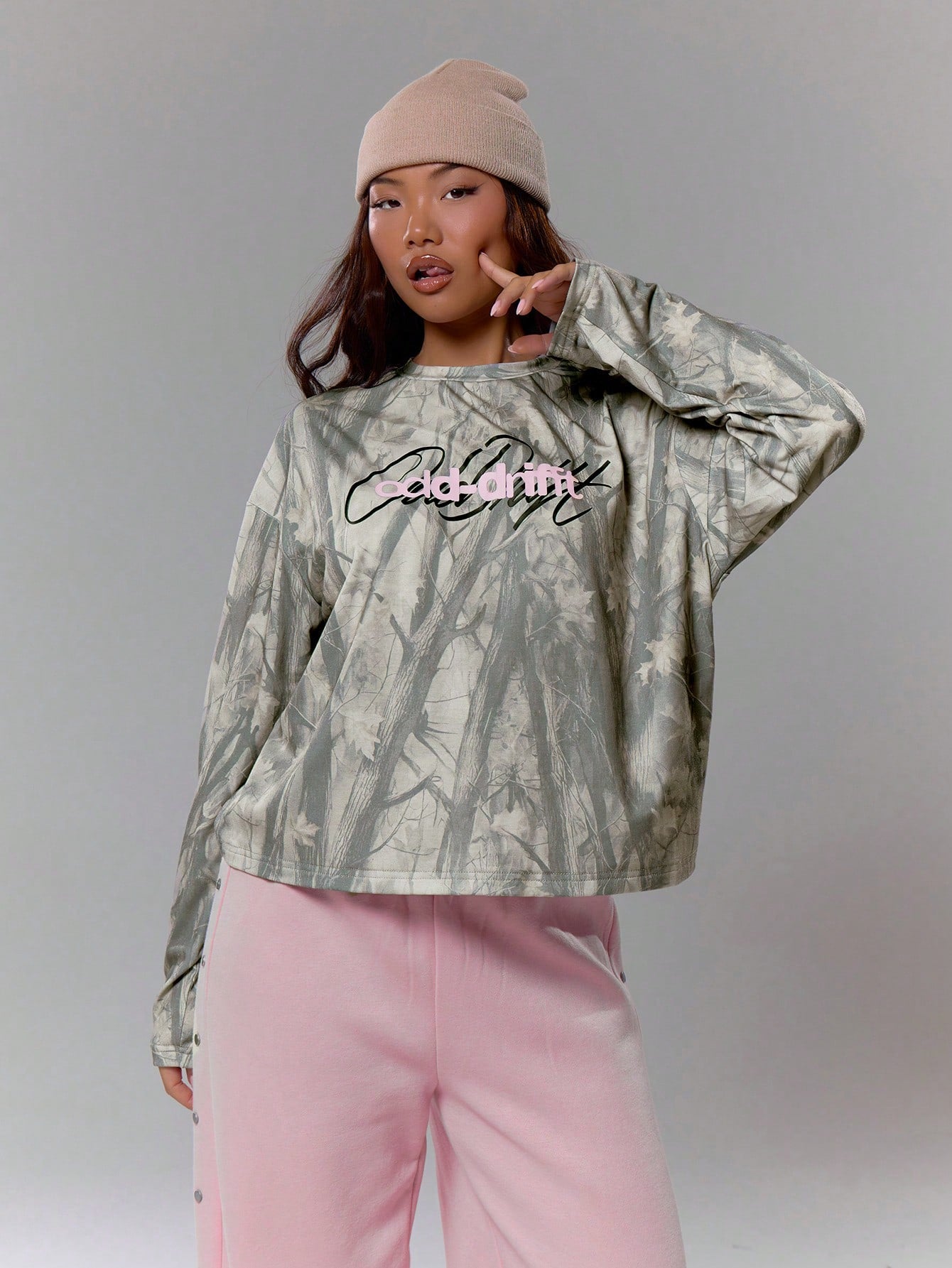 Oversized Camo Graphic Long Sleeve Top