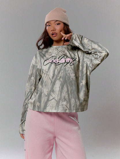 Oversized Camo Graphic Long Sleeve Top