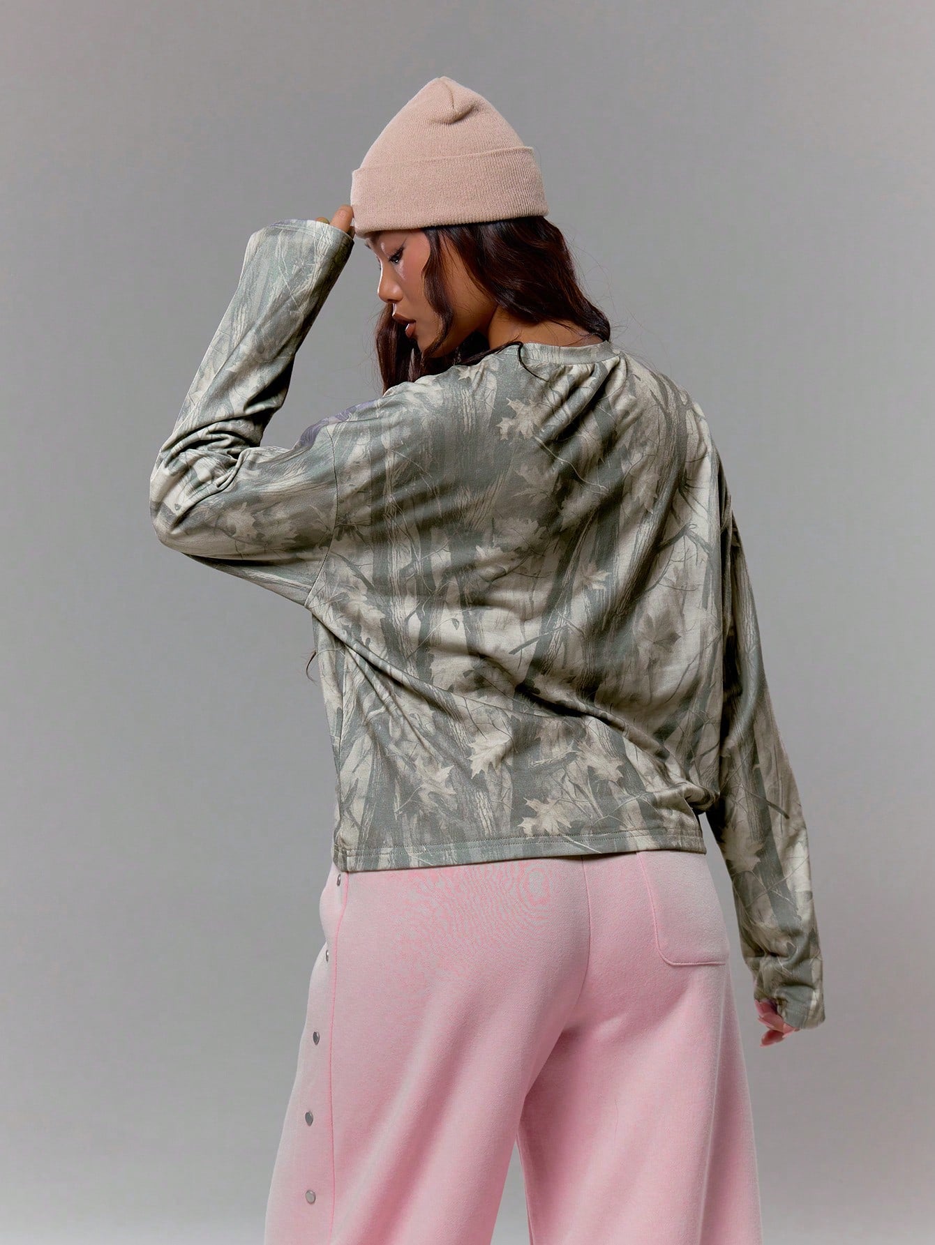 Oversized Camo Graphic Long Sleeve Top