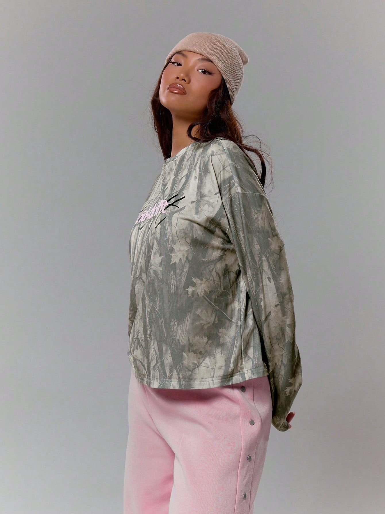 Oversized Camo Graphic Long Sleeve Top