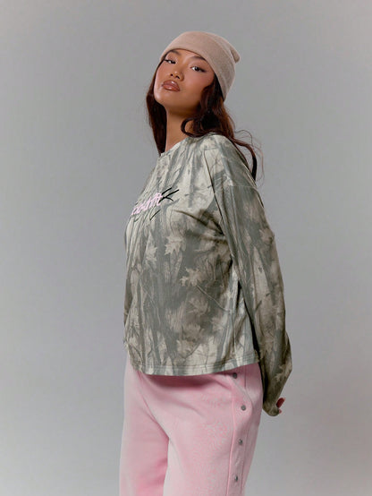 Oversized Camo Graphic Long Sleeve Top