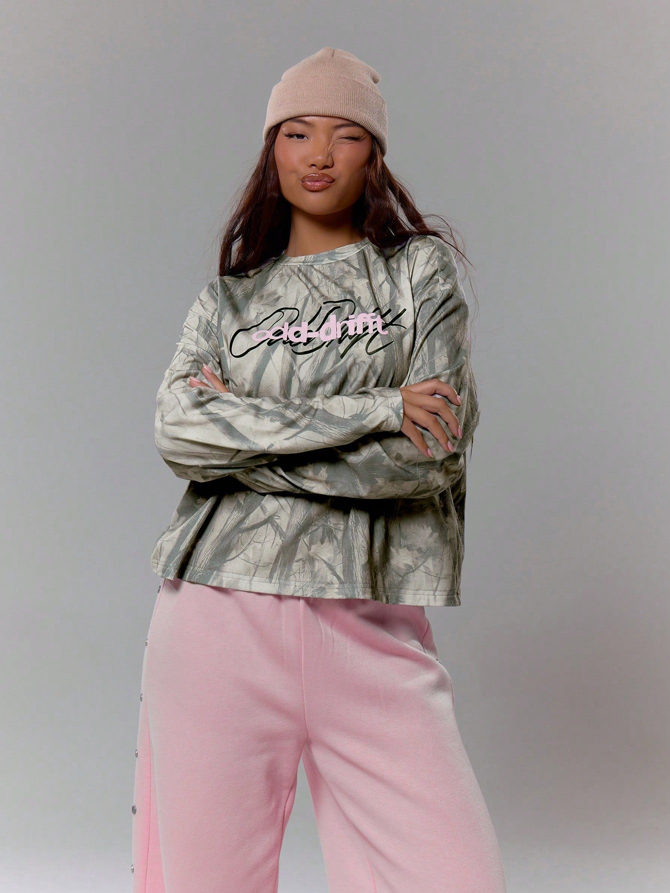 Oversized Camo Graphic Long Sleeve Top