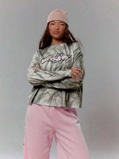 Oversized Camo Graphic Long Sleeve Top