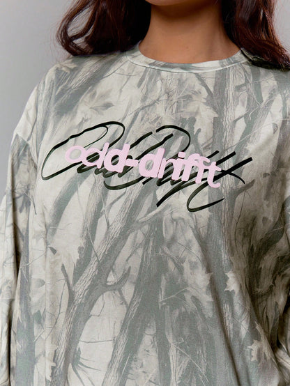 Oversized Camo Graphic Long Sleeve Top