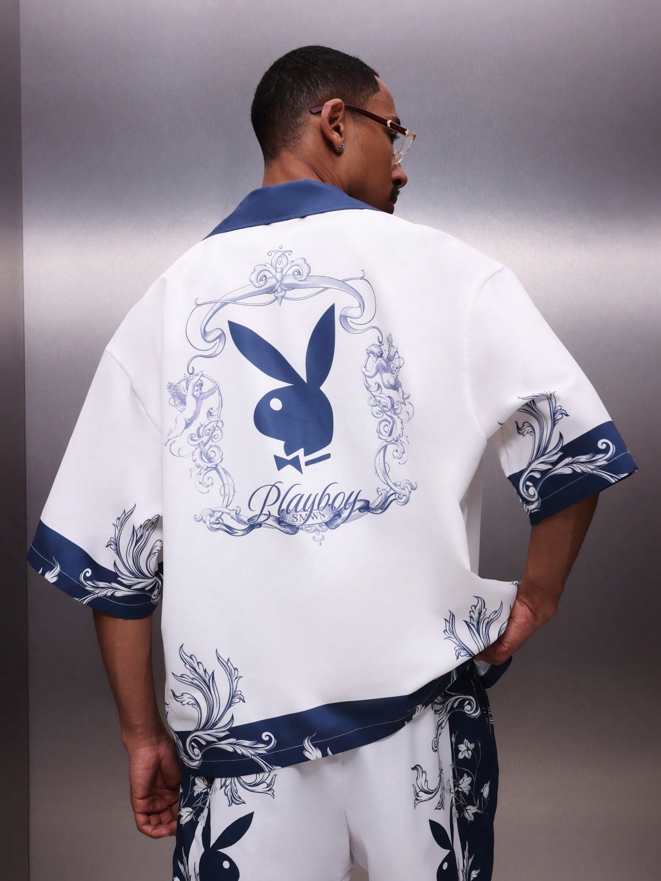 Men’s Ornate Blue Collar All-Over Graphic Print Shirt