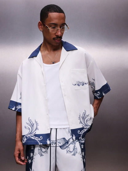 Men’s Ornate Blue Collar All-Over Graphic Print Shirt