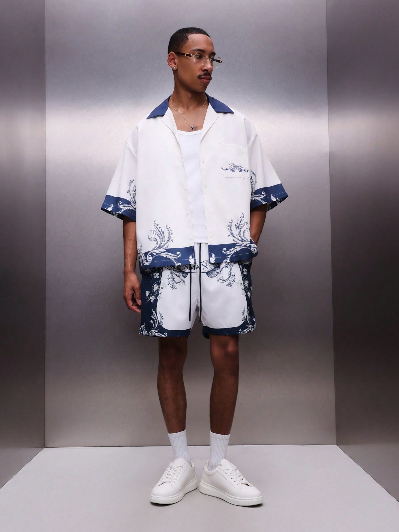 Men’s Ornate Blue Collar All-Over Graphic Print Shirt