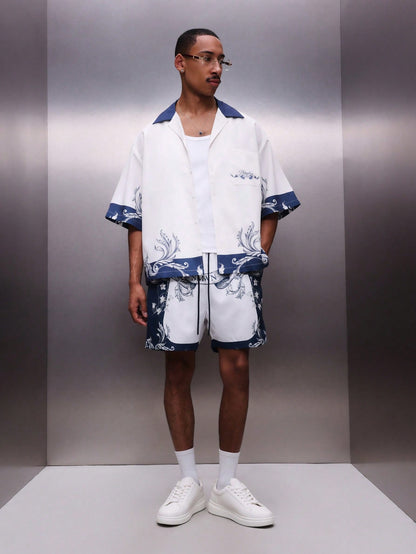 Men’s Ornate Blue Collar All-Over Graphic Print Shirt