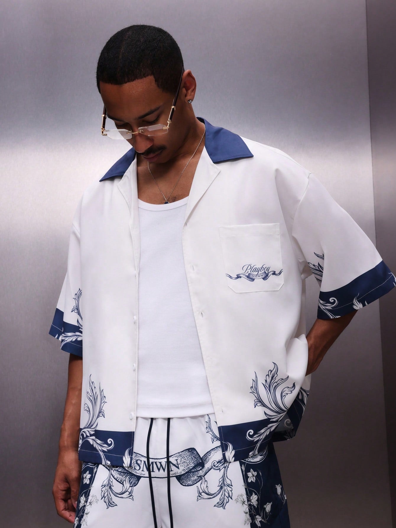Men’s Ornate Blue Collar All-Over Graphic Print Shirt