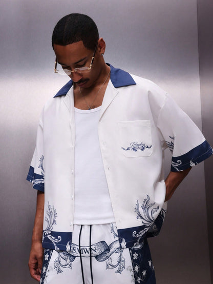 Men’s Ornate Blue Collar All-Over Graphic Print Shirt