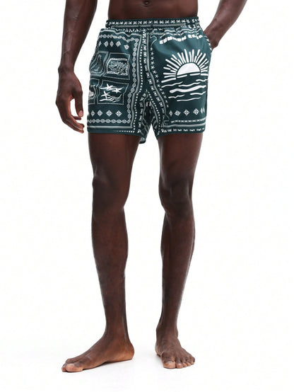 Men's Vibrant Patchwork Curved Hem Beach Shorts
