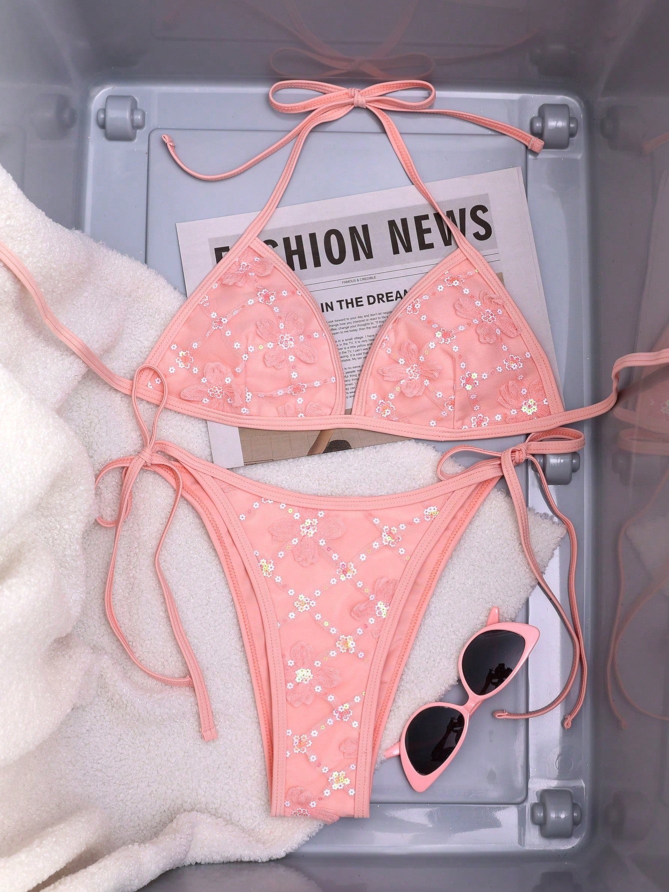 Floral Halter Bikini Top & Tie Side Swim Bottoms Set