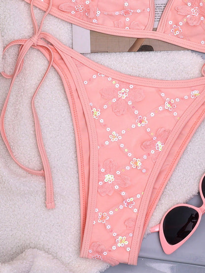 Floral Halter Bikini Top & Tie Side Swim Bottoms Set