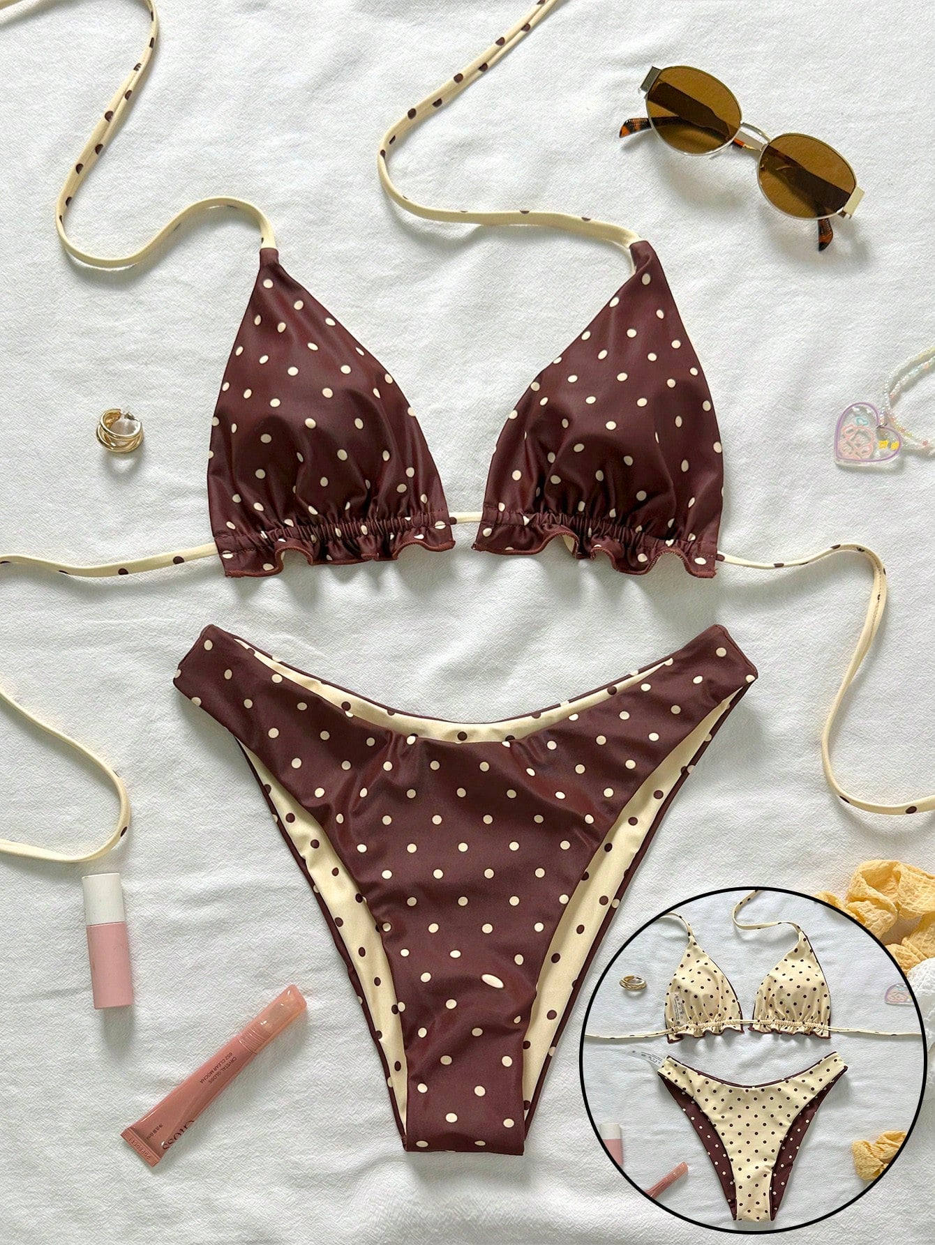 Brown Polka Dot Halter Bikini Two-Piece Swimwear