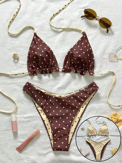 Brown Polka Dot Halter Bikini Two-Piece Swimwear
