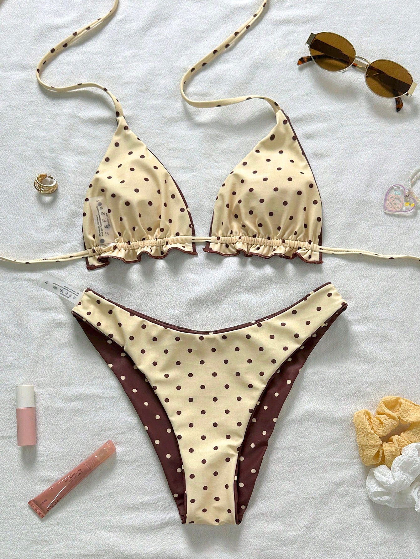 Brown Polka Dot Halter Bikini Two-Piece Swimwear
