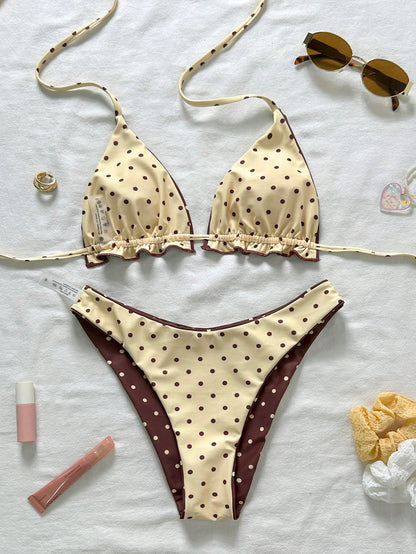 Brown Polka Dot Halter Bikini Two-Piece Swimwear