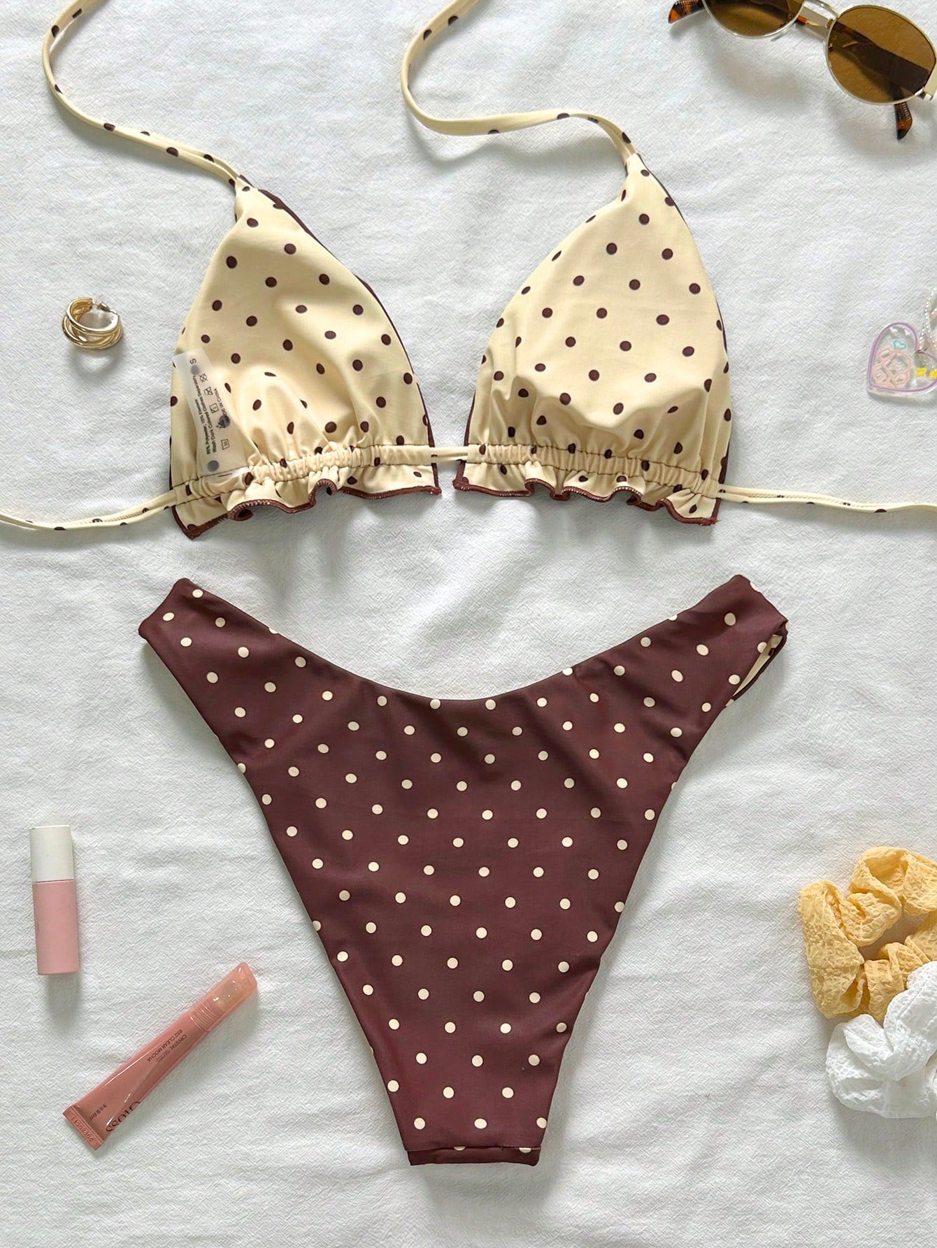 Brown Polka Dot Halter Bikini Two-Piece Swimwear