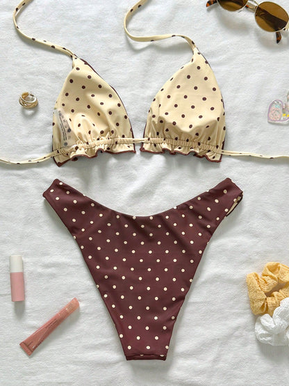 Brown Polka Dot Halter Bikini Two-Piece Swimwear