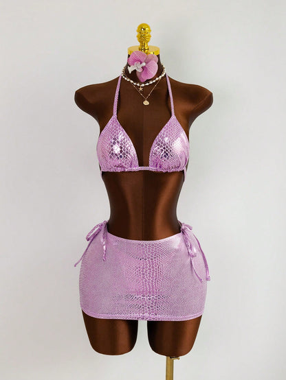 3-Piece Metallic Mermaid Scale Swimsuit & Shorts Set