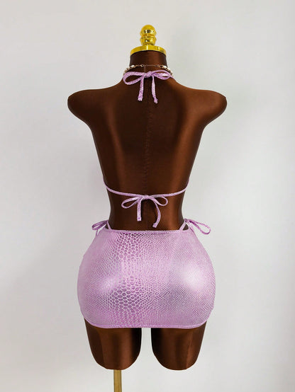 3-Piece Metallic Mermaid Scale Swimsuit & Shorts Set