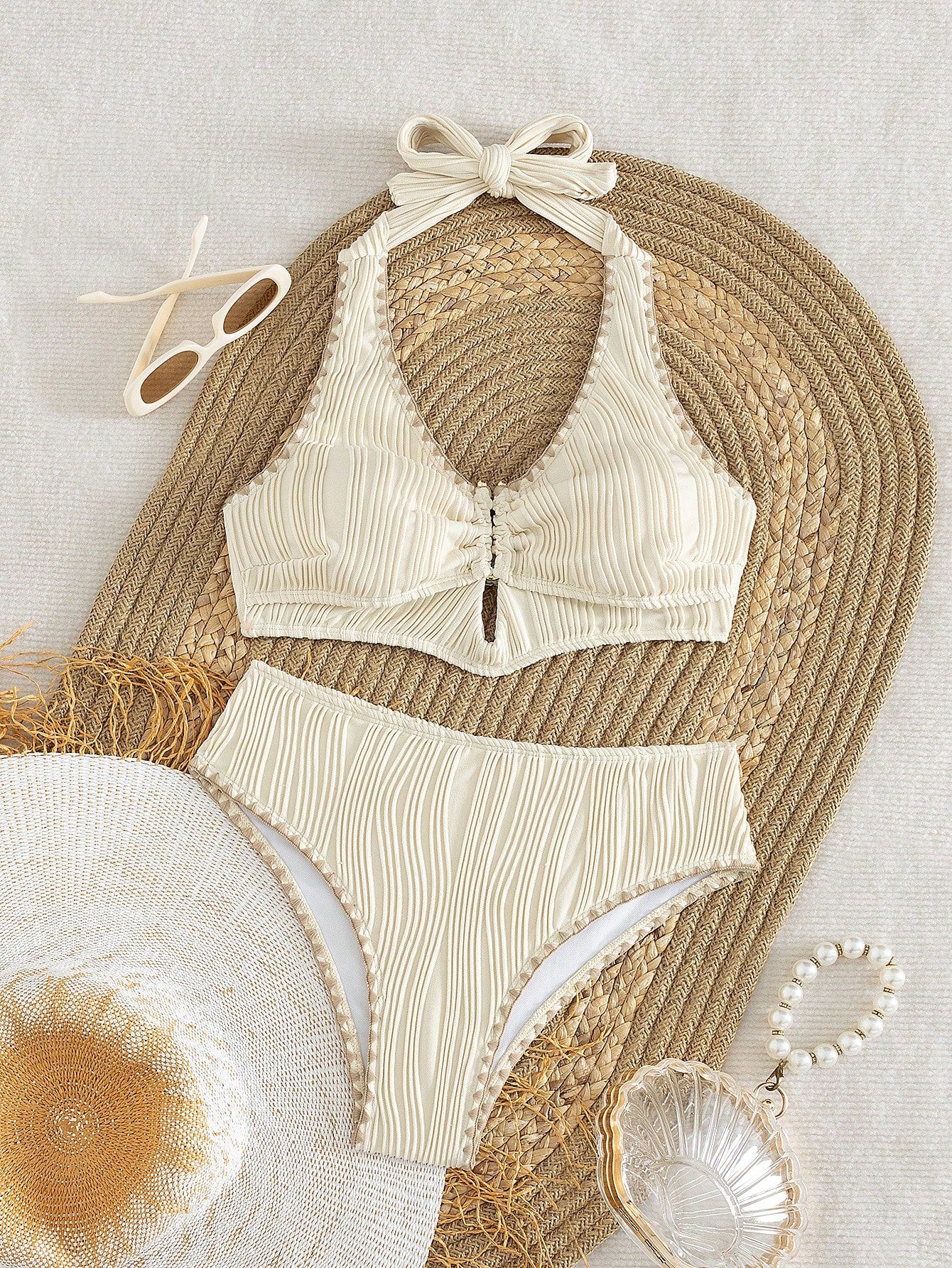 Elegant White Textured Lace Bandeau Bikini Set