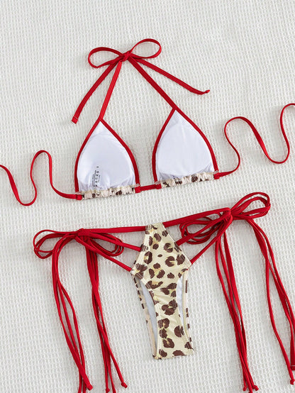 Leopard Print Halter Backless Bikini Set Swimwear