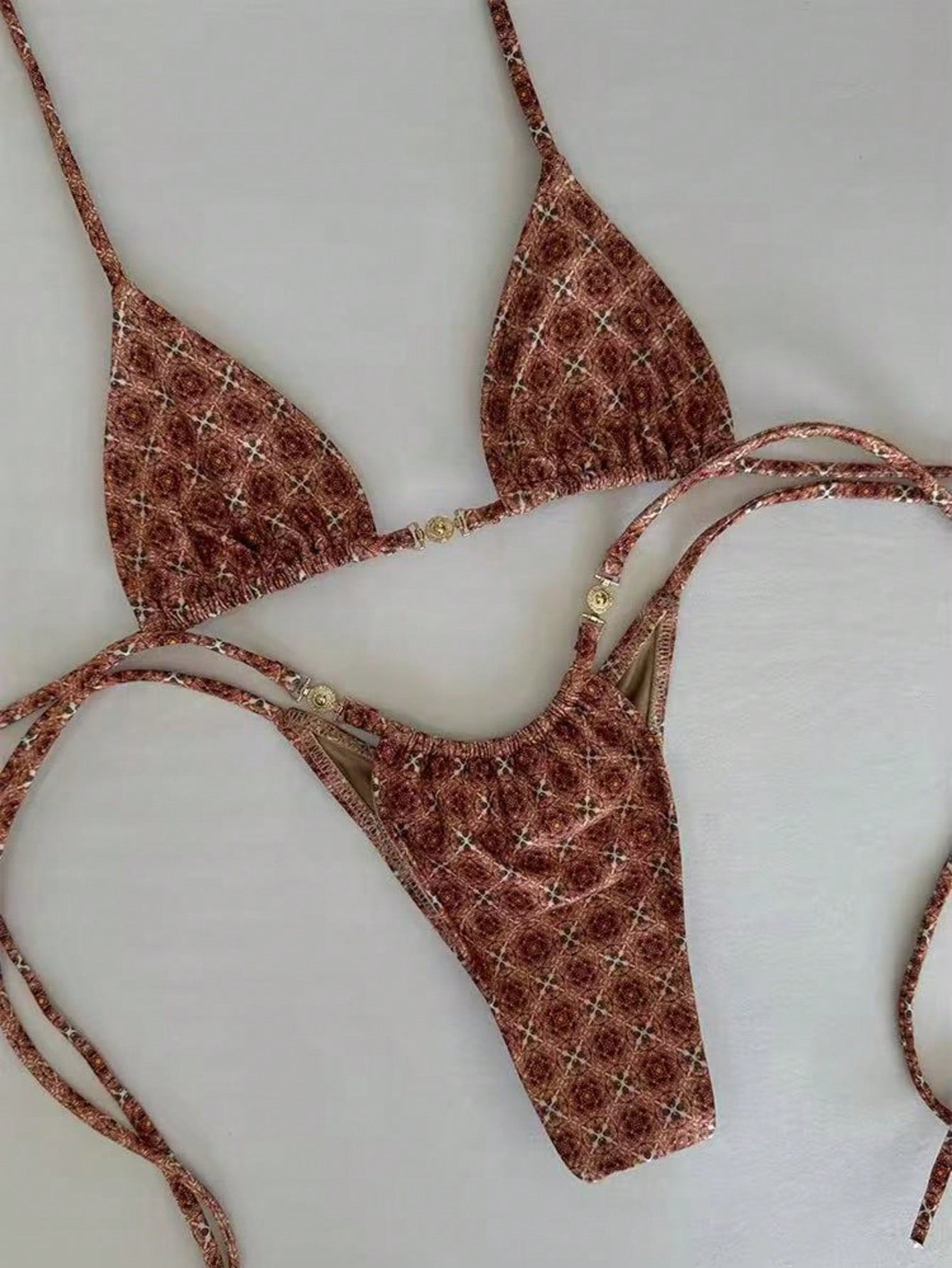 Elegant Coffee Plaid Bikini with Metal Buckle