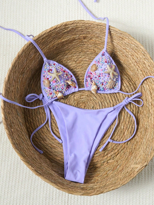 Colorful Pearl Halter Neck Bikini Swimwear Set