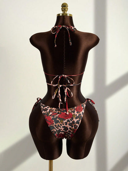 Leopard & Rose Floral Tie-Side Triangle Bikini Set