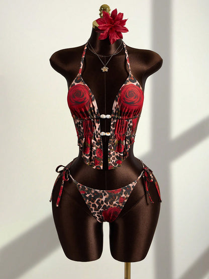 Leopard & Rose Floral Tie-Side Triangle Bikini Set