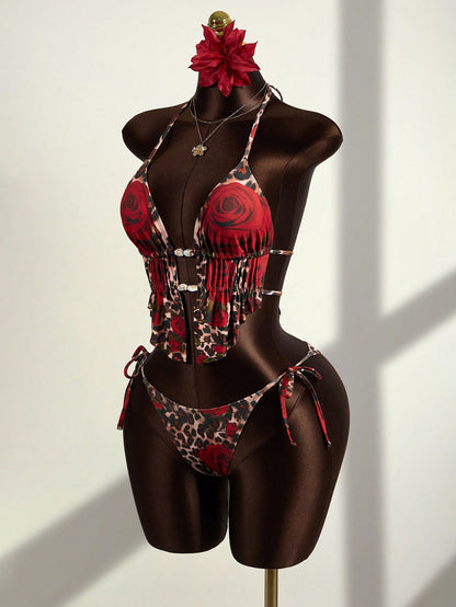 Leopard & Rose Floral Tie-Side Triangle Bikini Set
