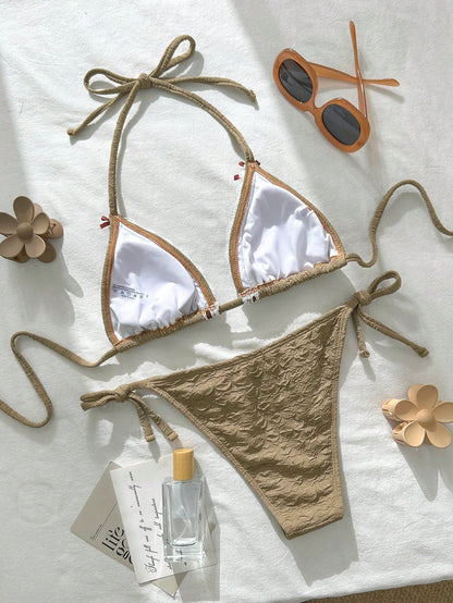 Ribbon Floral Texture Bow Triangle Cup Bikini Set