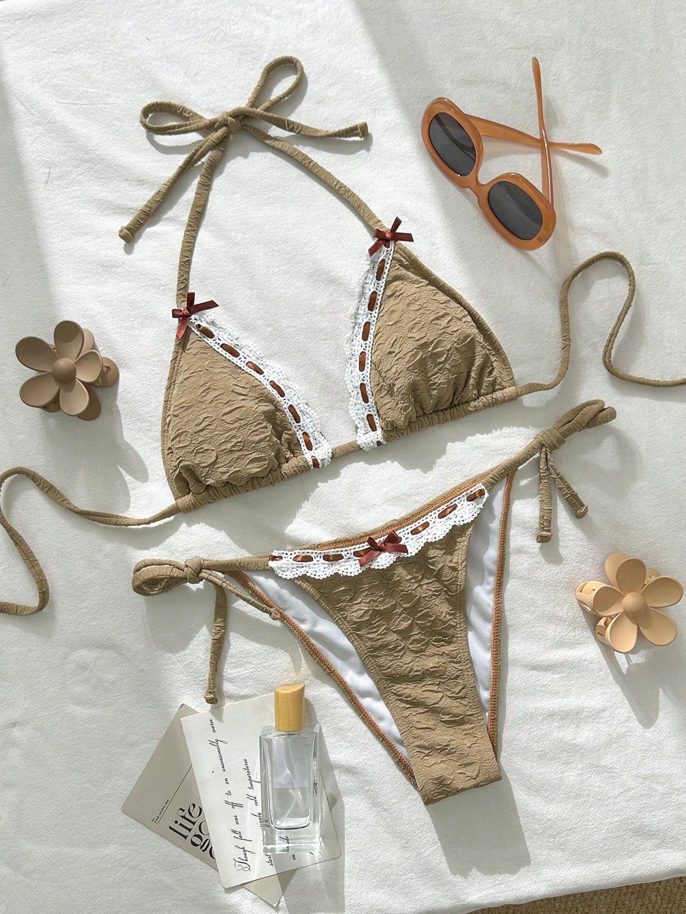 Ribbon Floral Texture Bow Triangle Cup Bikini Set