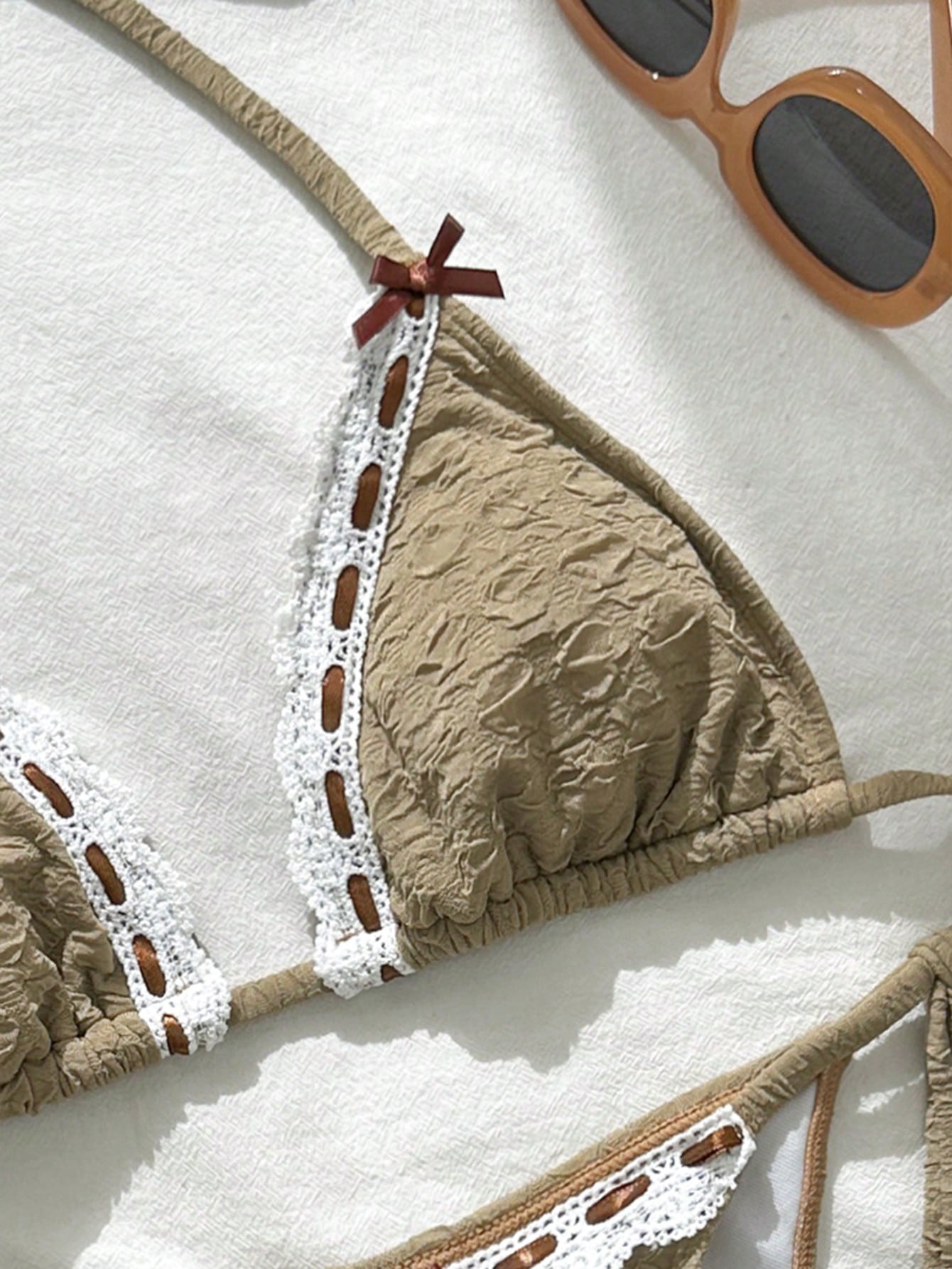 Ribbon Floral Texture Bow Triangle Cup Bikini Set
