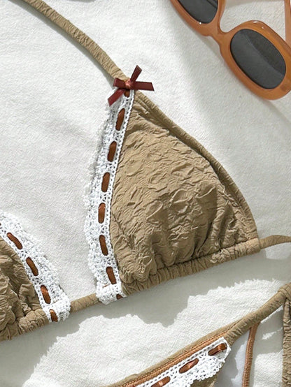 Ribbon Floral Texture Bow Triangle Cup Bikini Set