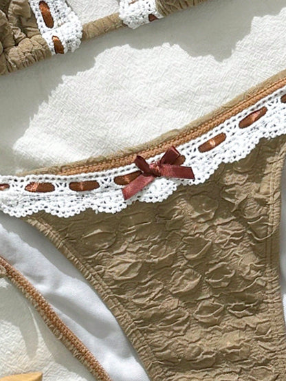 Ribbon Floral Texture Bow Triangle Cup Bikini Set