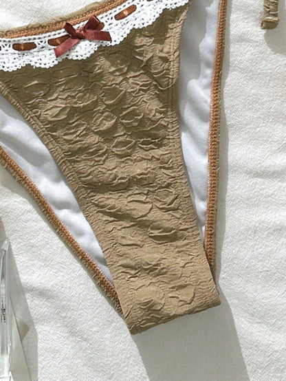 Ribbon Floral Texture Bow Triangle Cup Bikini Set