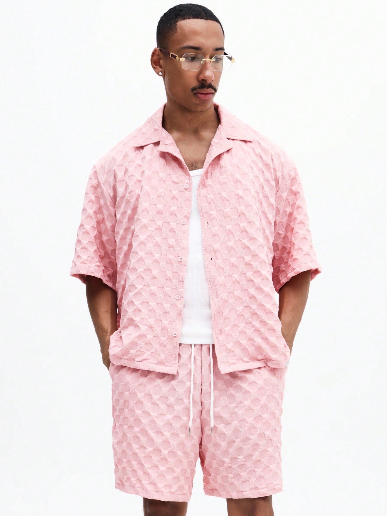 Men’s Pink Geometric Shirt and Drawstring Shorts Set