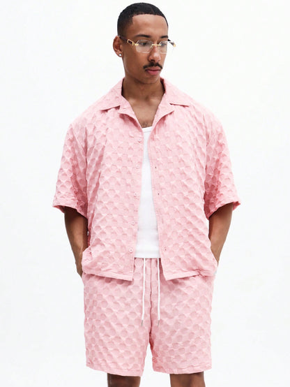 Men’s Pink Geometric Shirt and Drawstring Shorts Set