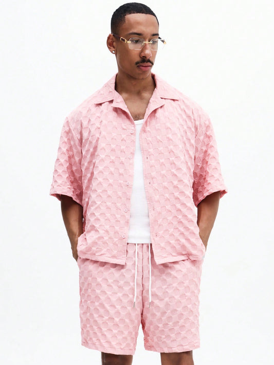 Men’s Pink Geometric Shirt and Drawstring Shorts Set