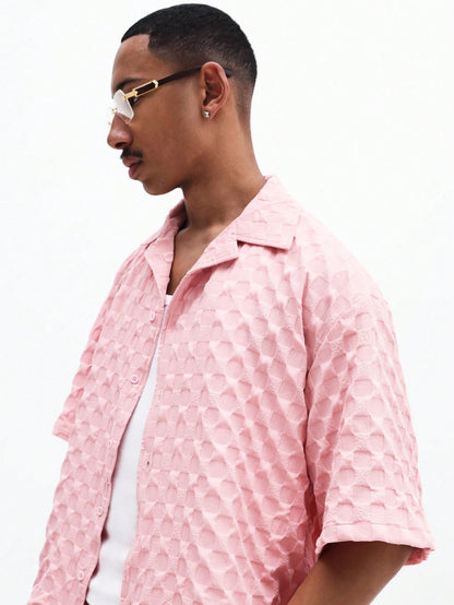 Men’s Pink Geometric Shirt and Drawstring Shorts Set