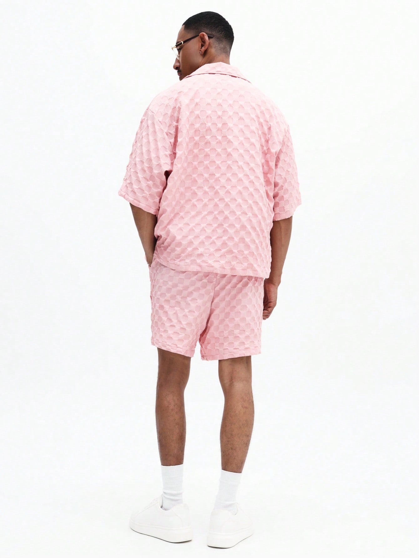 Men’s Pink Geometric Shirt and Drawstring Shorts Set