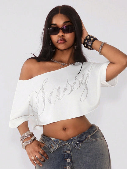 Women’s Y2K Slouchy Off-Shoulder Rhinestone Crop Tee