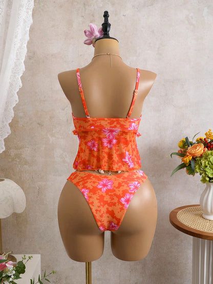 Floral Print Camisole Thong Bikini 2-Piece Swimset